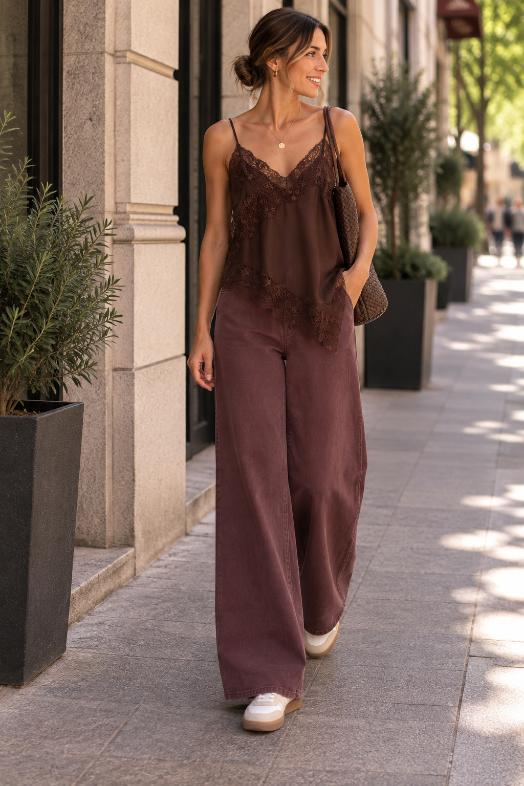 ONLINDONA STRAP SATIN LACE TOP WVN CHOCOLATE TORTE