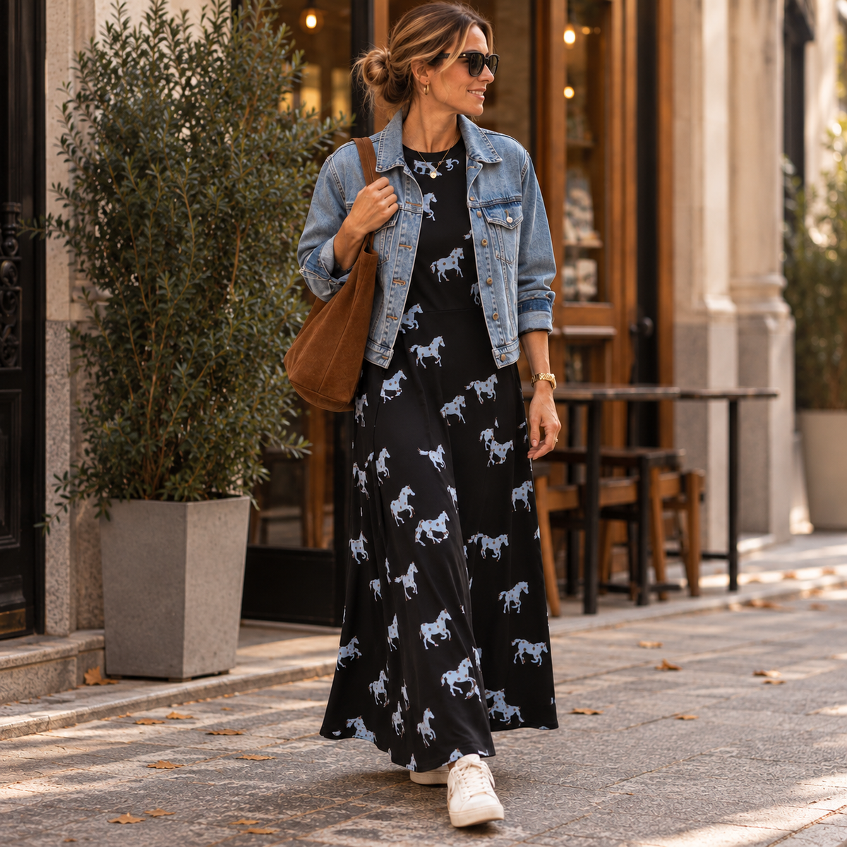 64C/12108 Vestido midi con estampado Horse