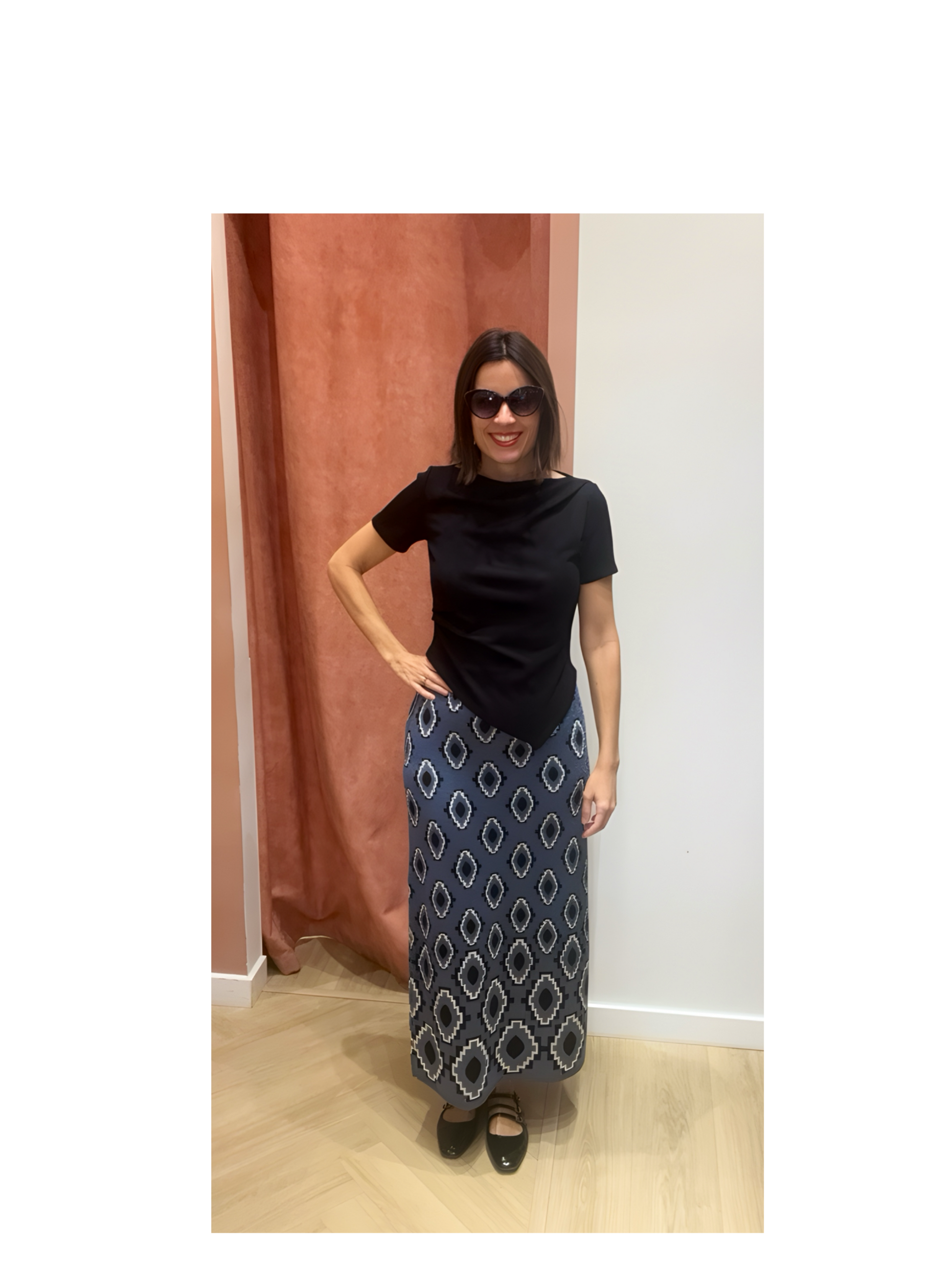 Falda midi de punto geométrica azul índigo