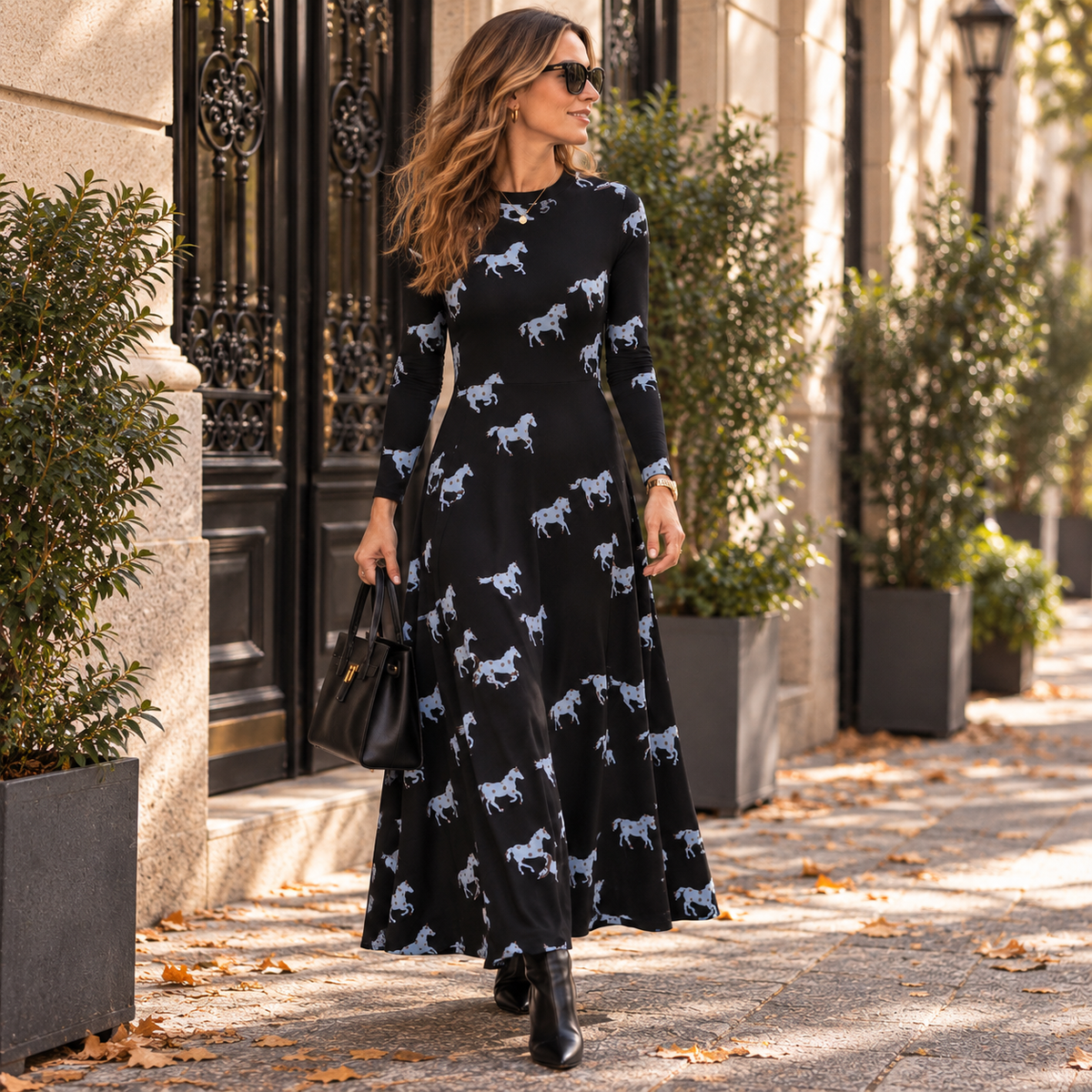 64C/12108 Vestido midi con estampado Horse