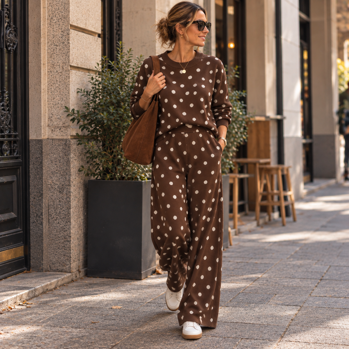 64C/10256 Pantalón con estampado punto marrón cata